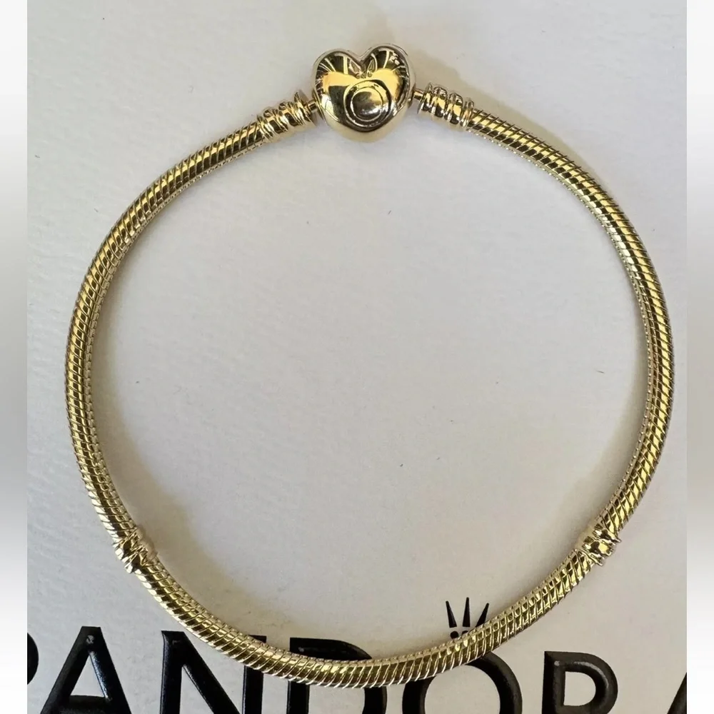 NEW❗️Authentic Pandora 14K Gold Moments Heart Clasp Snake Chain Bracelet 7.9”